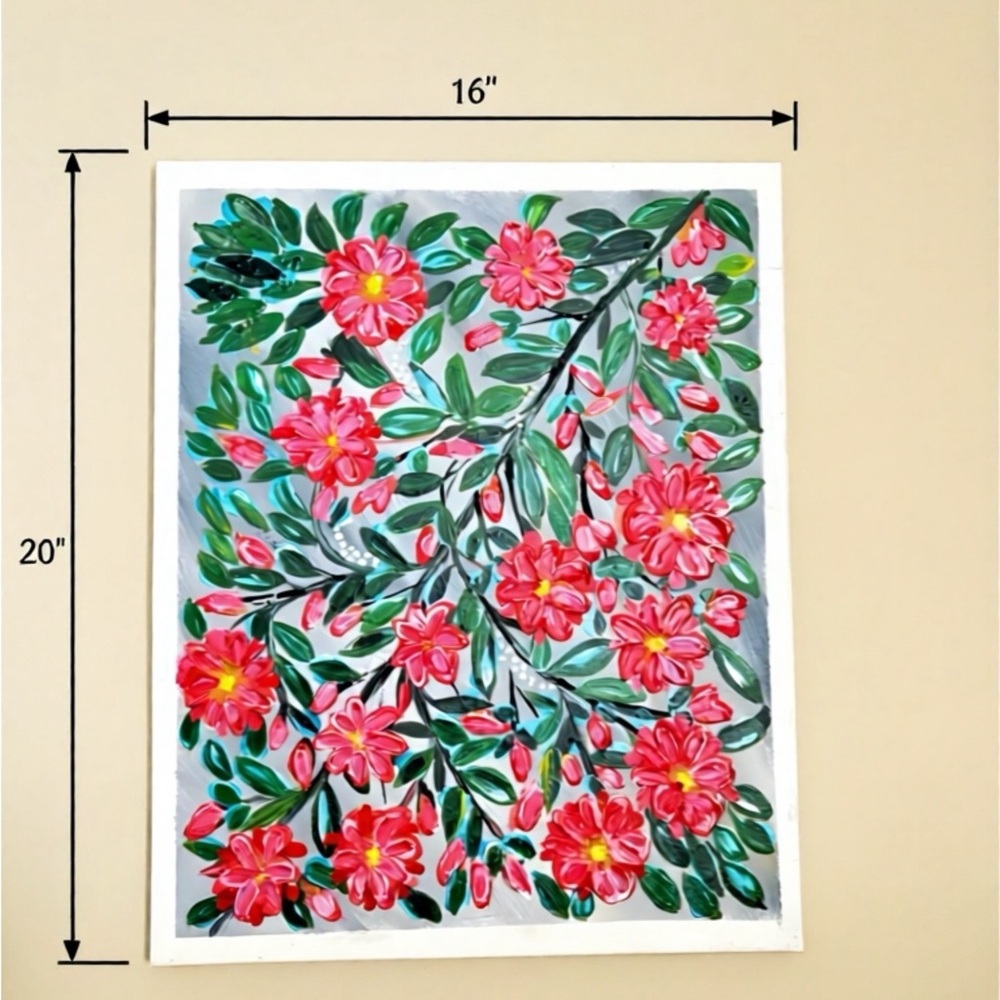 3D Floral Canvas Art with Pink and Green Design Original Hand Painted Certified - Picture 4 of 5